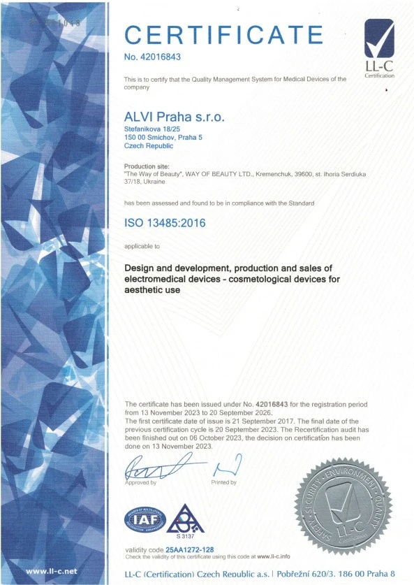 ISO 13485:2016 Zertifikat von ALVI Praha s.r.o.