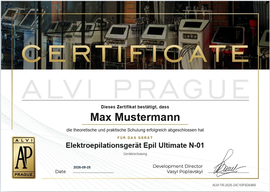 Muster eines Schulungszertifikats von ALVI Prague