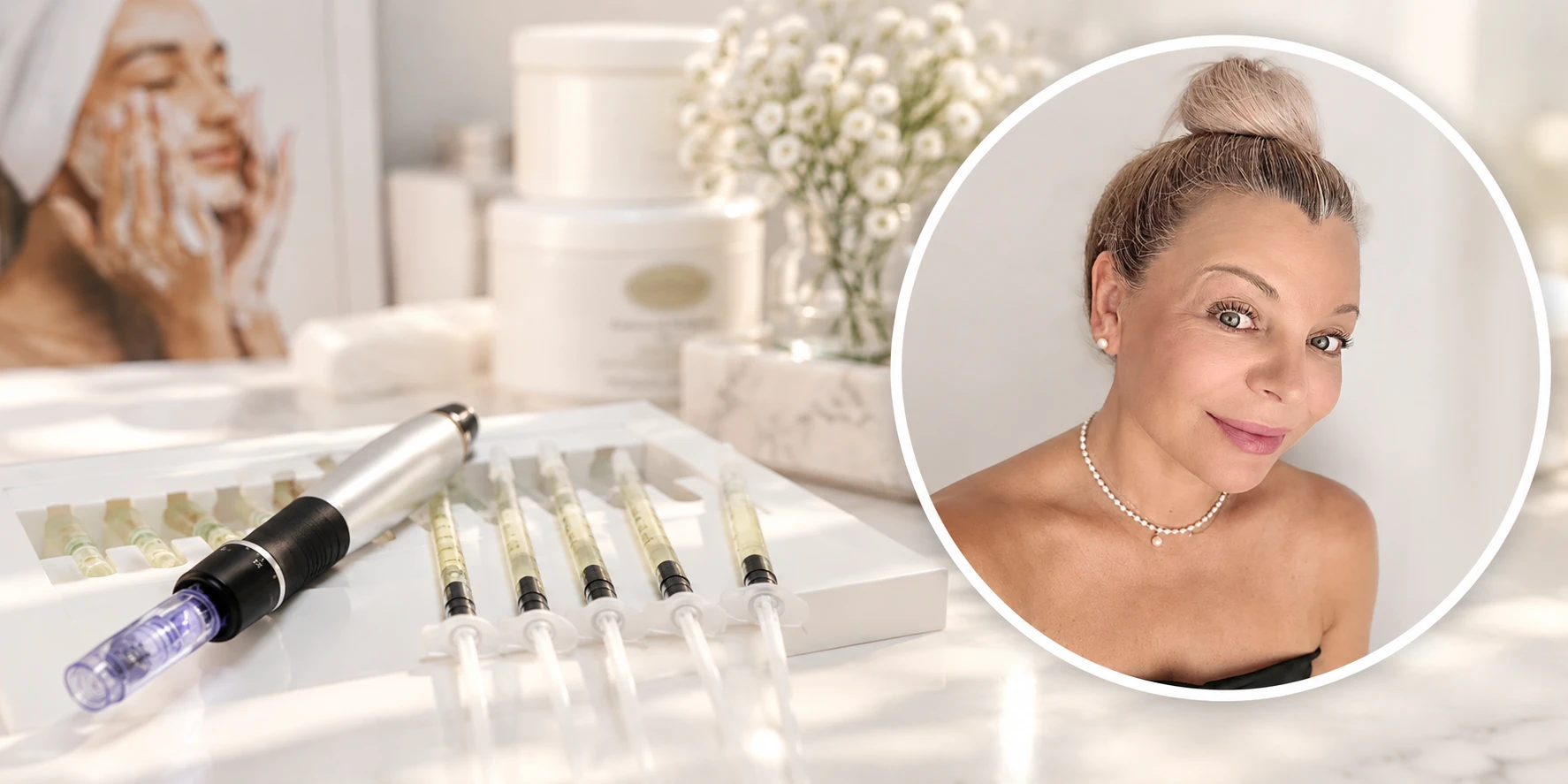 Natalya Yevtukhova – Porträt vor einem Hintergrund mit Kosmetikprodukten und Microneedling-Pen